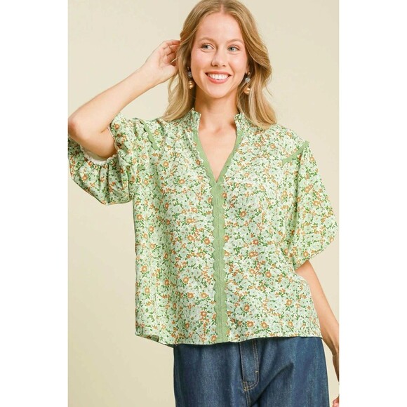 Umgee 1XL Green Floral Blouse Puff Sleeves Boho Shabby Cottage Chic Top Popover - Picture 12 of 12
